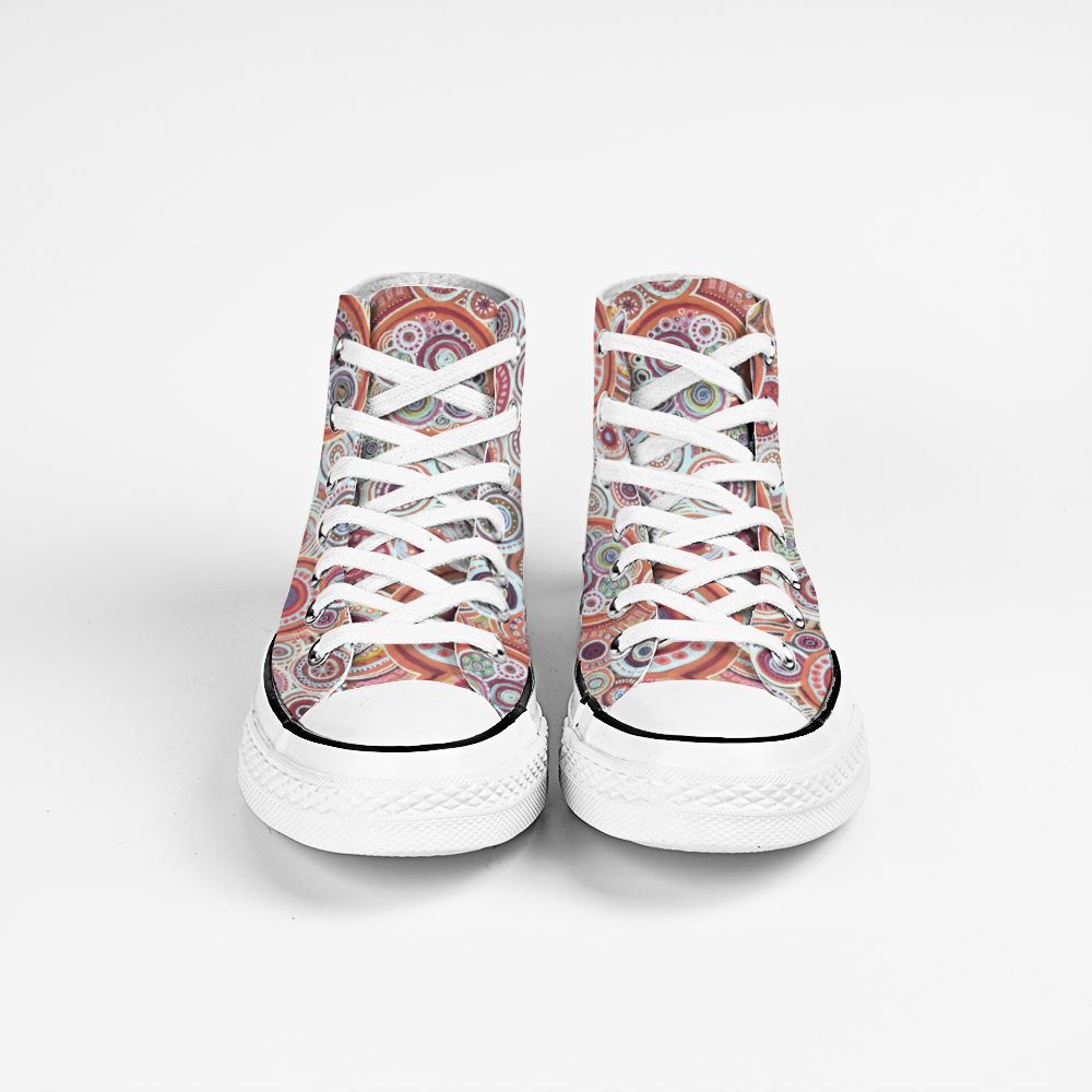 Gymboots Sneakers with intricate pattern of interlocked circles in a melon colour scheme