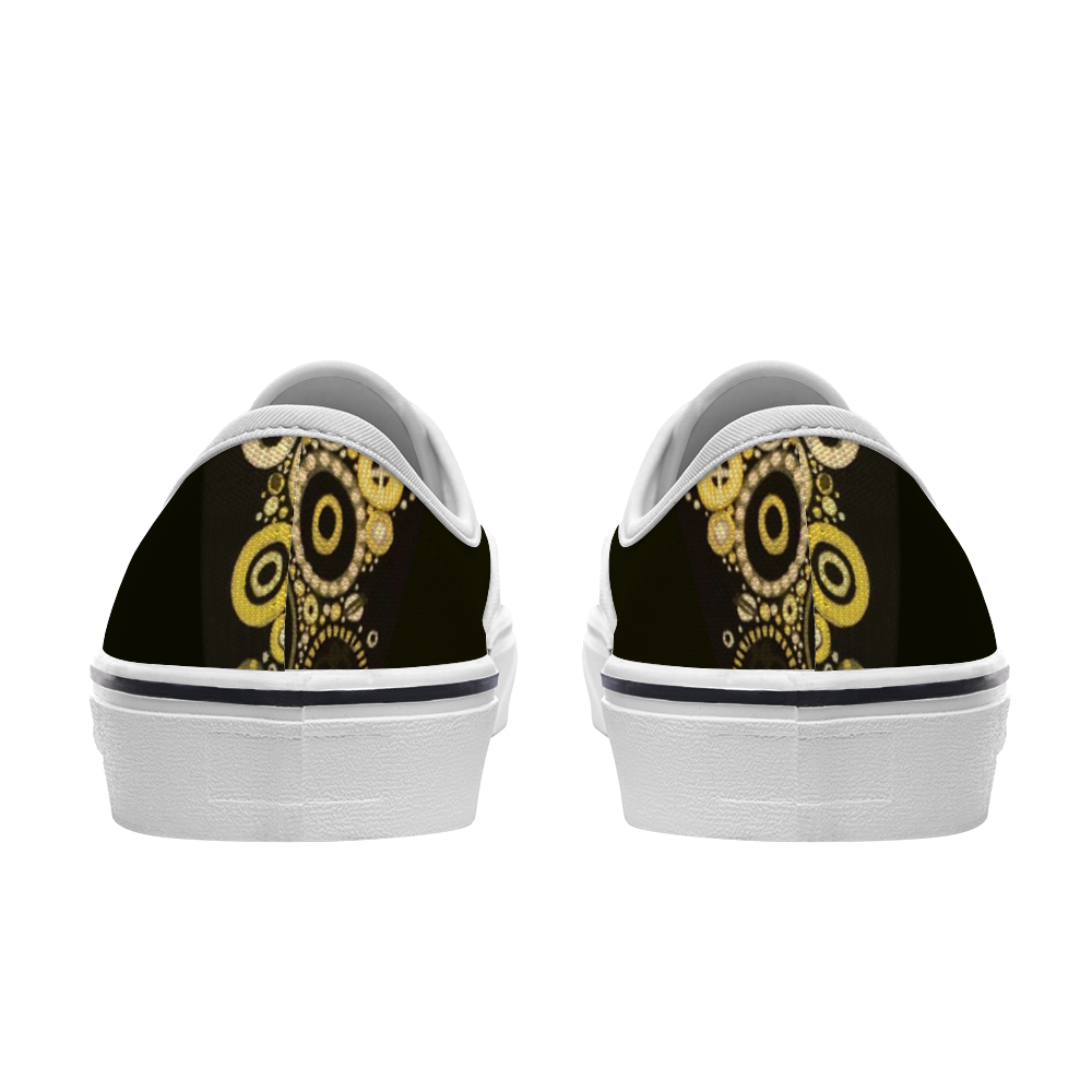 Back Sneakers with sunshine and bumblebee tones with a black back and yellow tongue