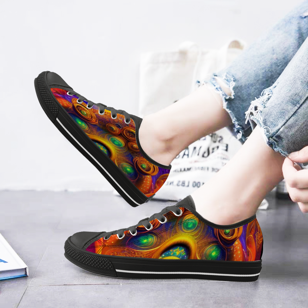 Sneakers with black features and cosmic psychodelic design on model