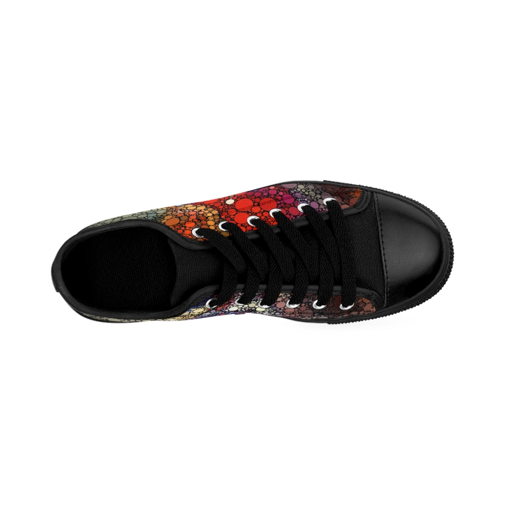 Top View Low top shoe, black sole and tongue, with fiery spot patt0ern