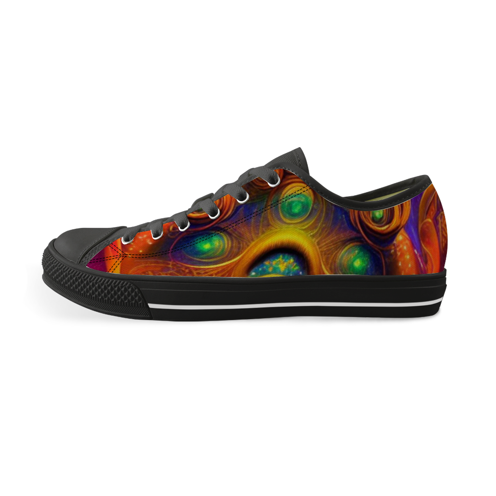 Sneakers with black features and cosmic psychodelic design