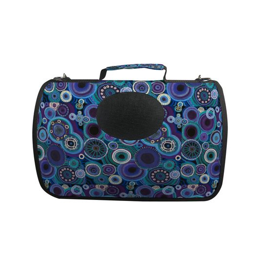 Doggy Bag with purple and teal entanglement of circles and stars