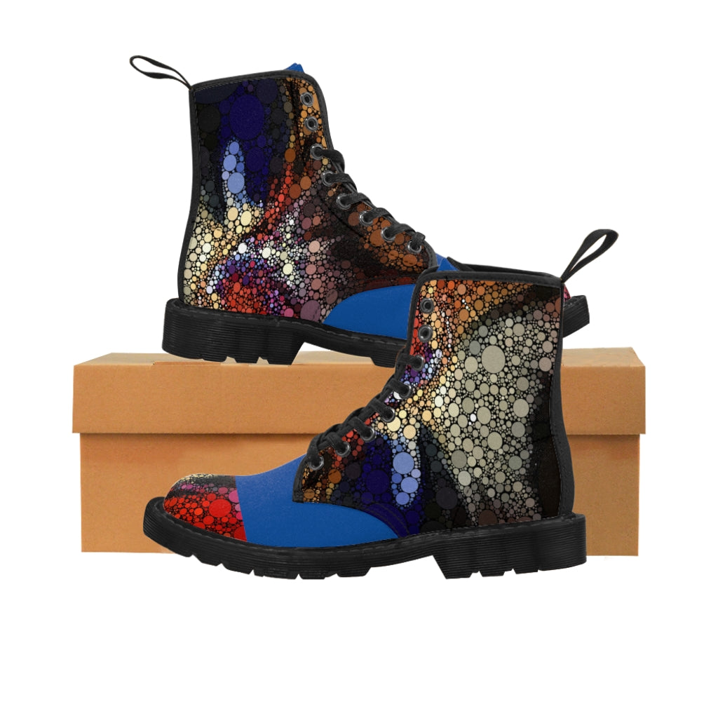 Festival boots with explosive dot pattern on toe tip and sides with striking bue mid body