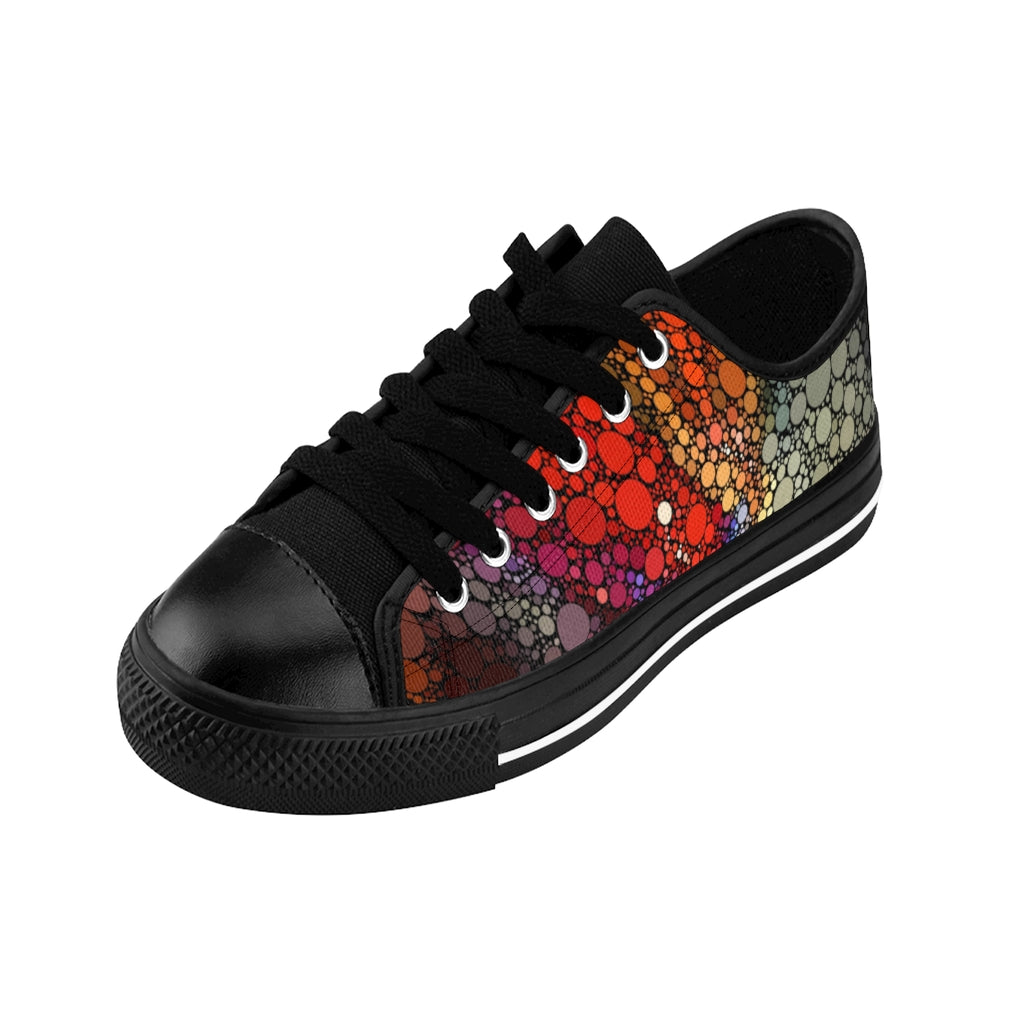 Front View Low top shoe, black sole and tongue, with fiery spot patt0ern