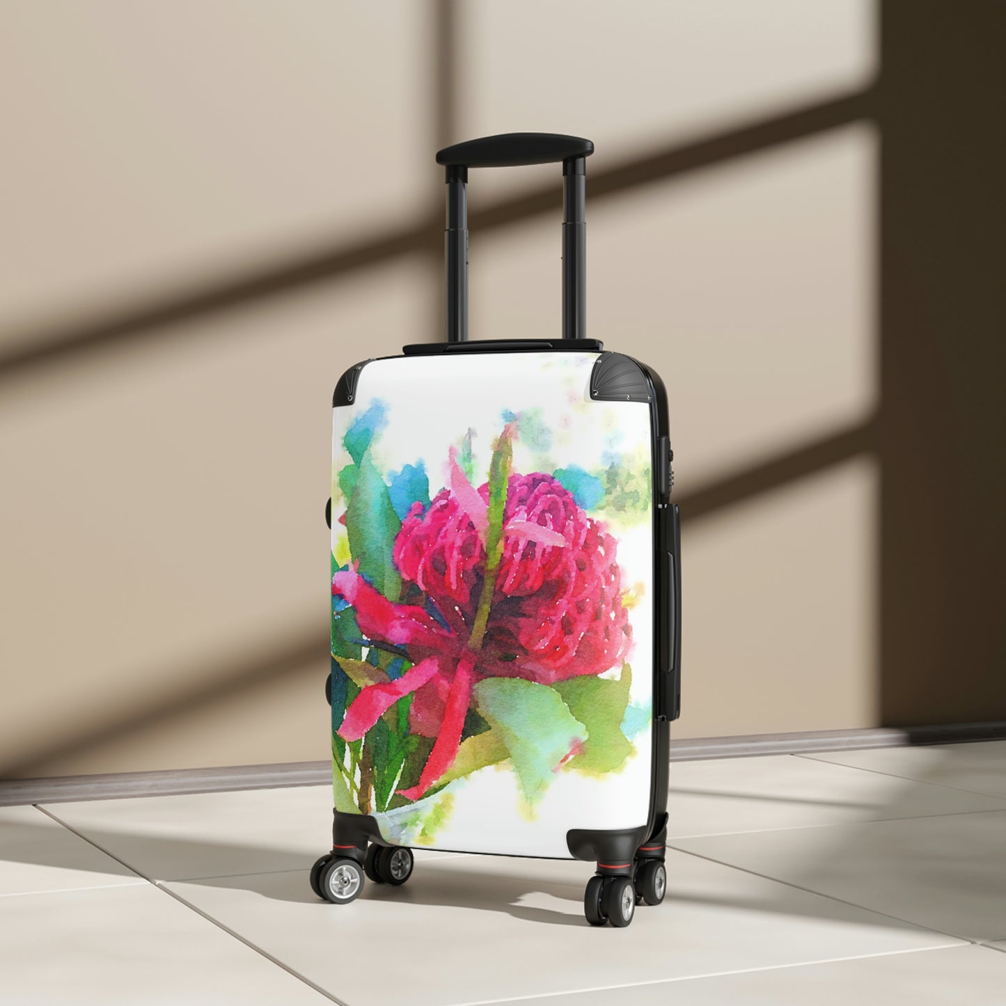 Wheeled small suitcase / Carry on luggage with a brilliant depiction of Australian Native flora - Waratah