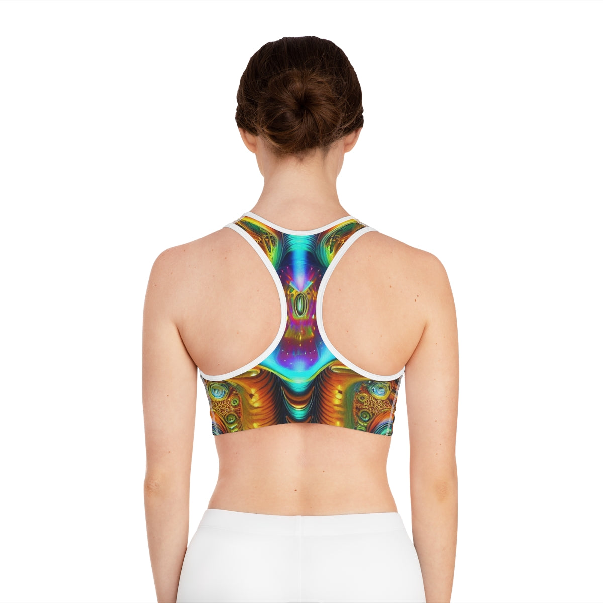 Cosmic psychodelic pattern on exercise bra on model back