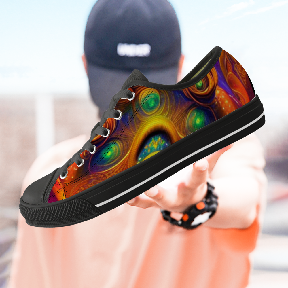 Sneakers with black features and cosmic psychodelic design with model