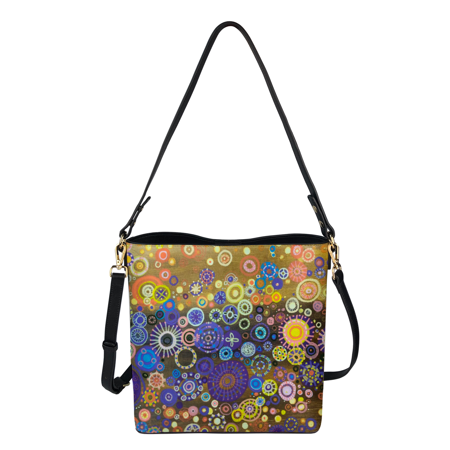 Shoulder bag with brilliant circles and interlocking stars over mustard painting