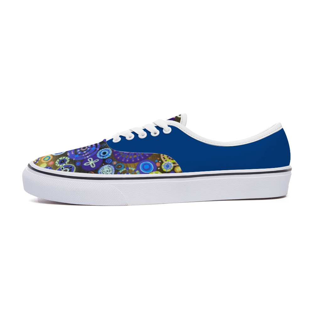 The outside of the shoe is royal blue, the front is the painting of diatoms.