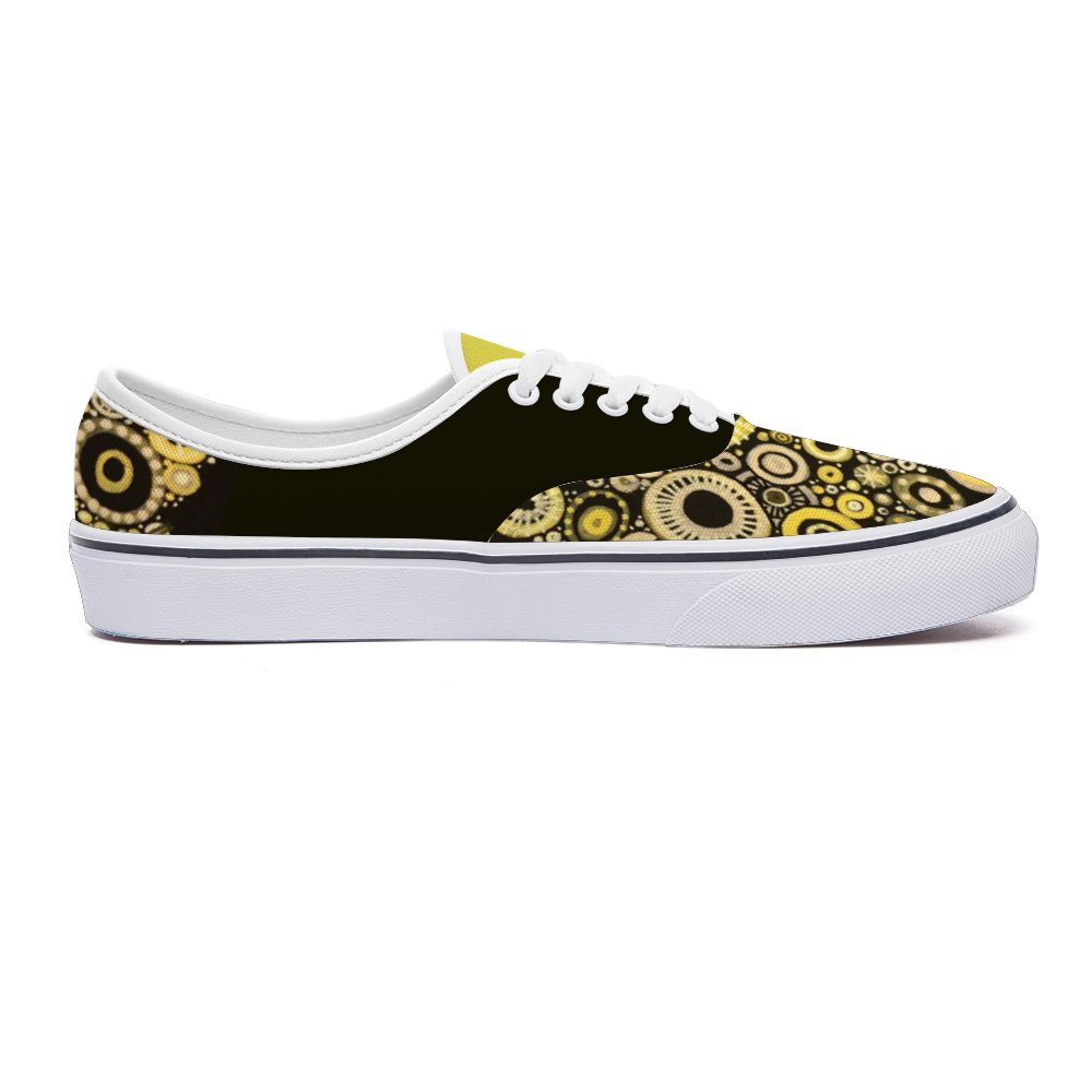 Sneakers with sunshine and bumblebee tones with a black back and yellow tongue