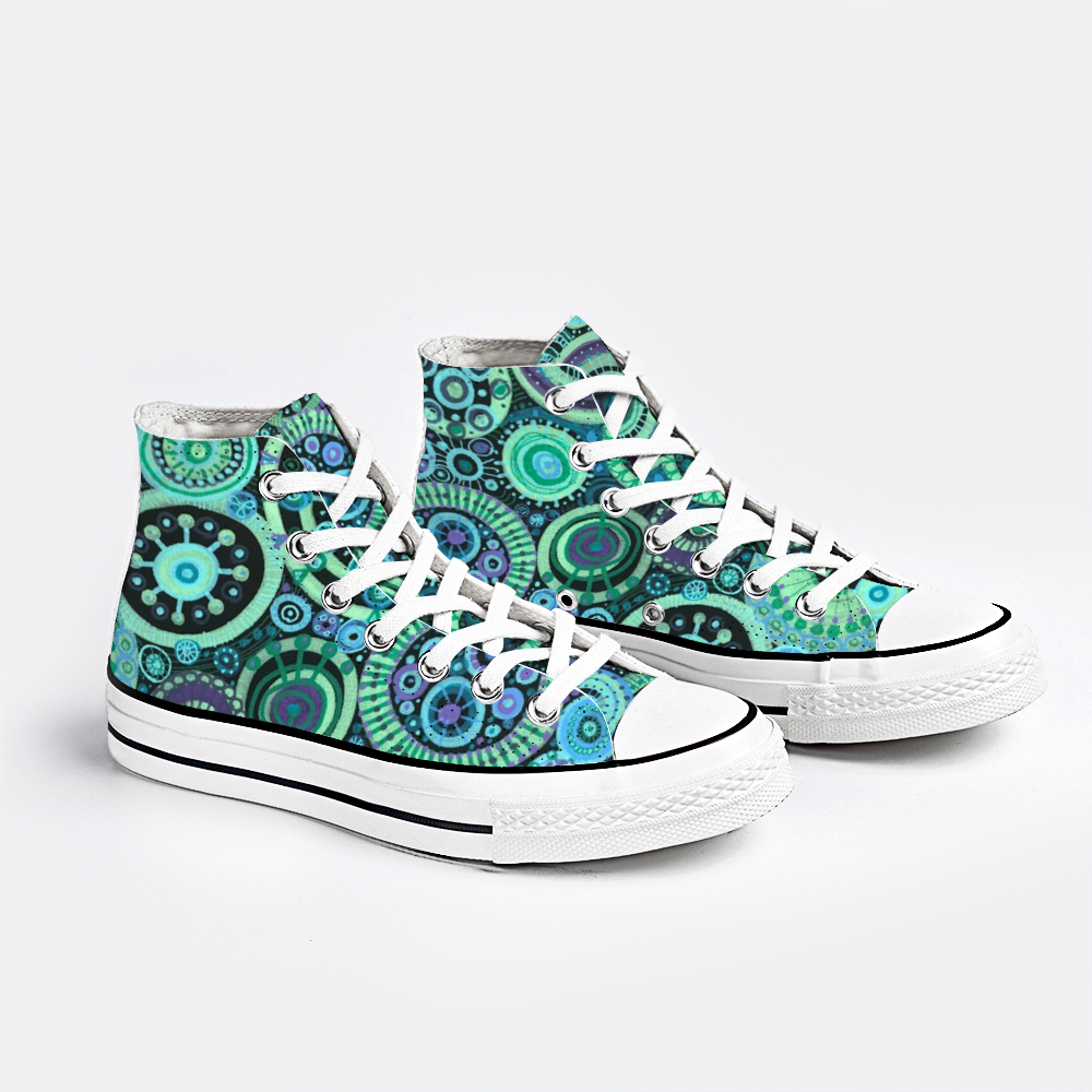 Gymboots Sneakers with intricate pattern of interlocked circles in a teal purple colour scheme