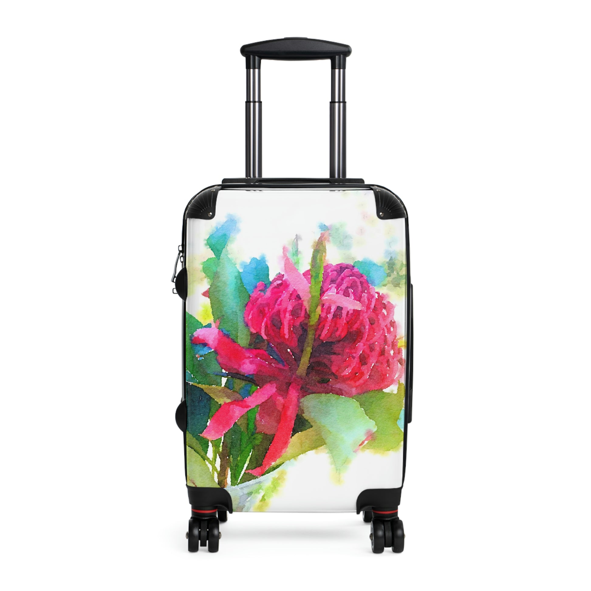 Wheeled small suitcase / Carry on luggage with a brilliant depiction of Australian Native flora - Waratah