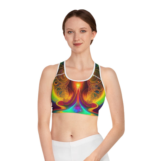 Cosmic psychodelic pattern on exercise bra on model