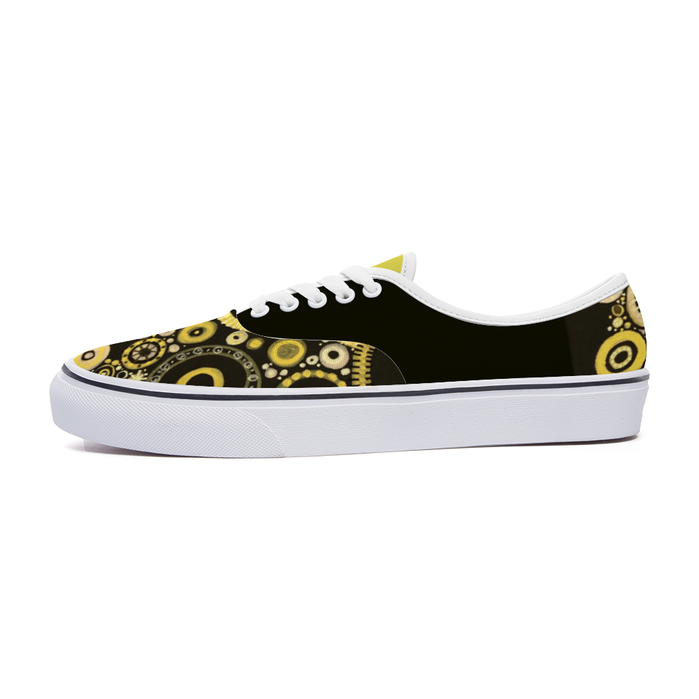 Sneakers with sunshine and bumblebee tones with a black back and yellow tongue