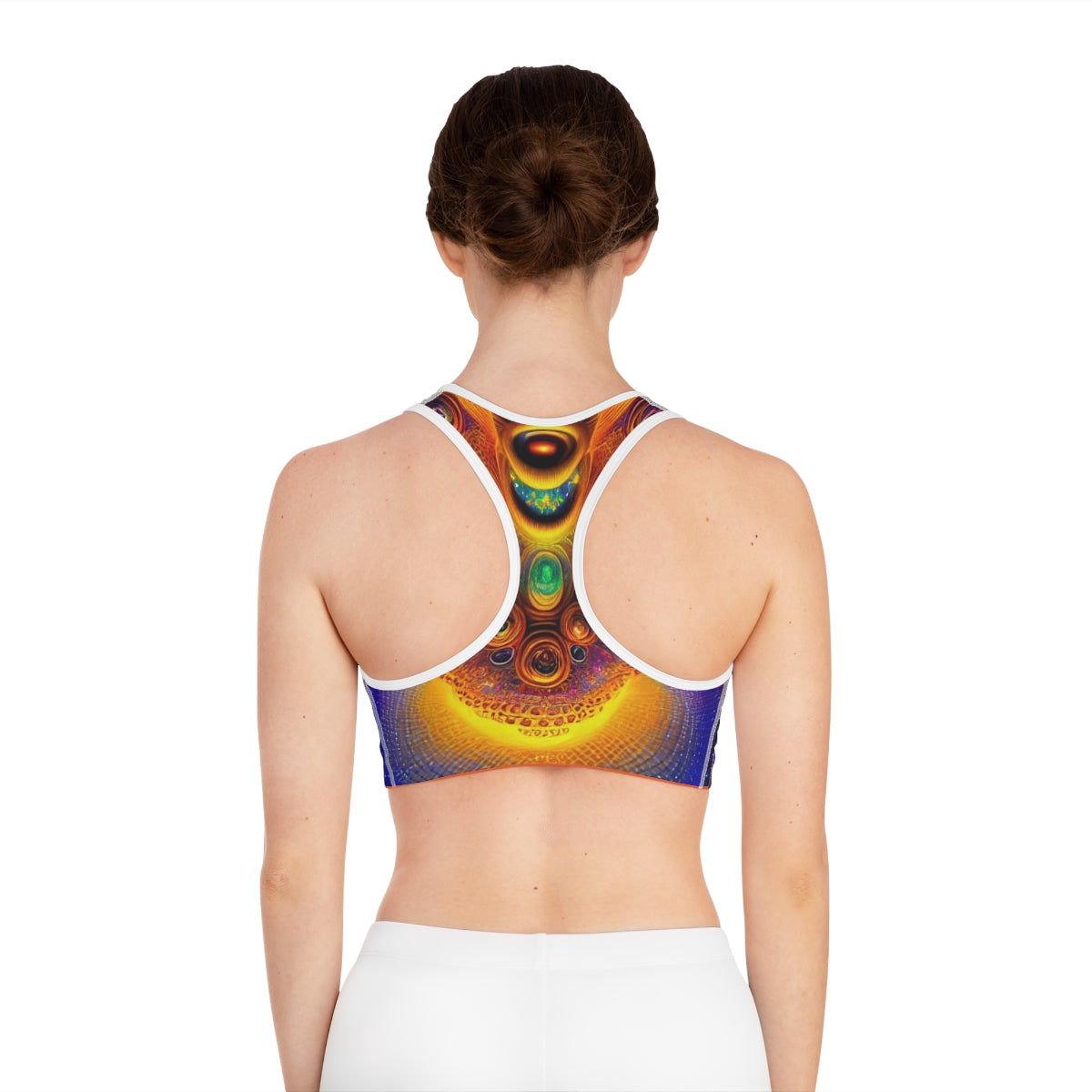 Cosmic psychodelic pattern on exercise bra on model back