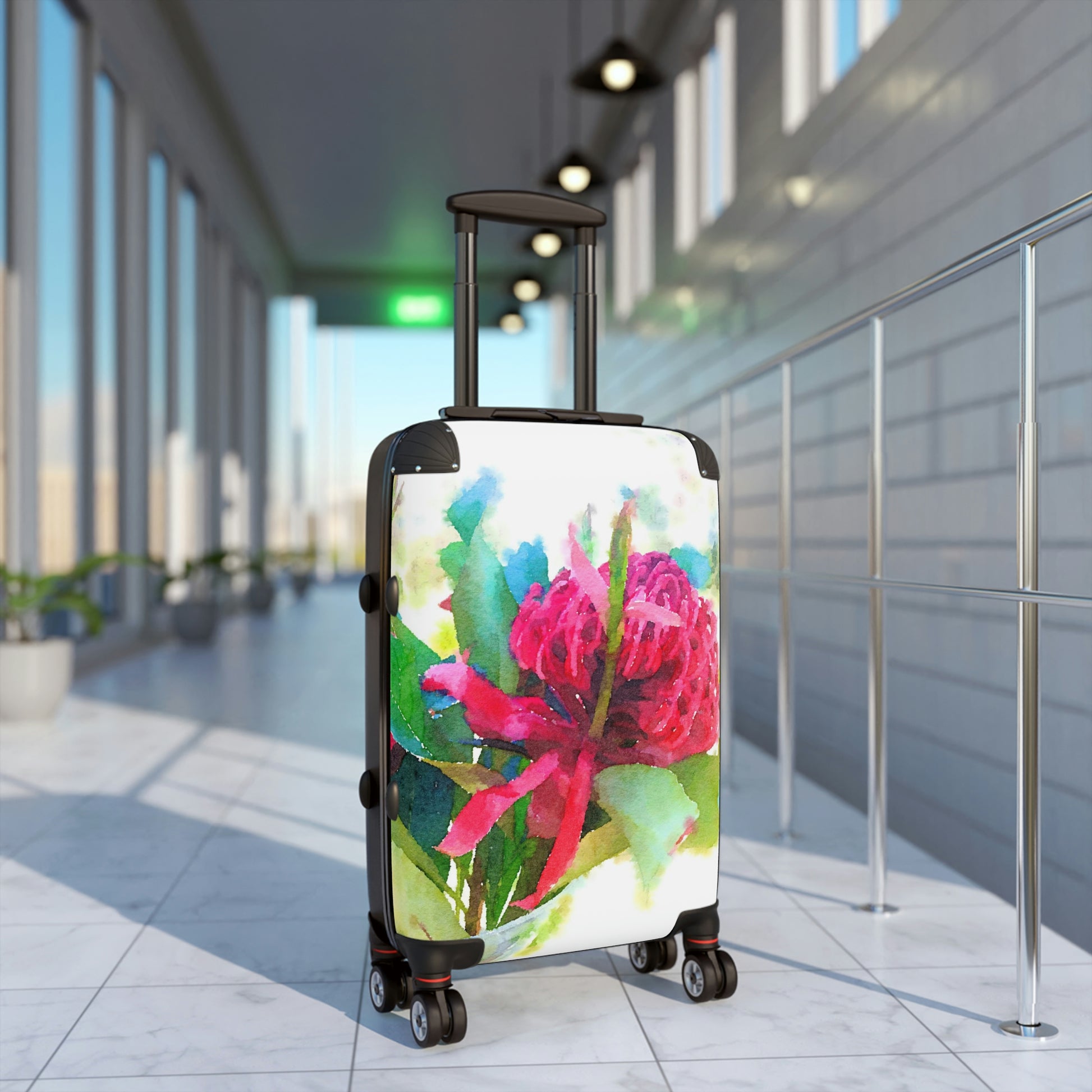 Airport scene Wheeled small suitcase / Carry on luggage with a brilliant depiction of Australian Native flora - Waratah