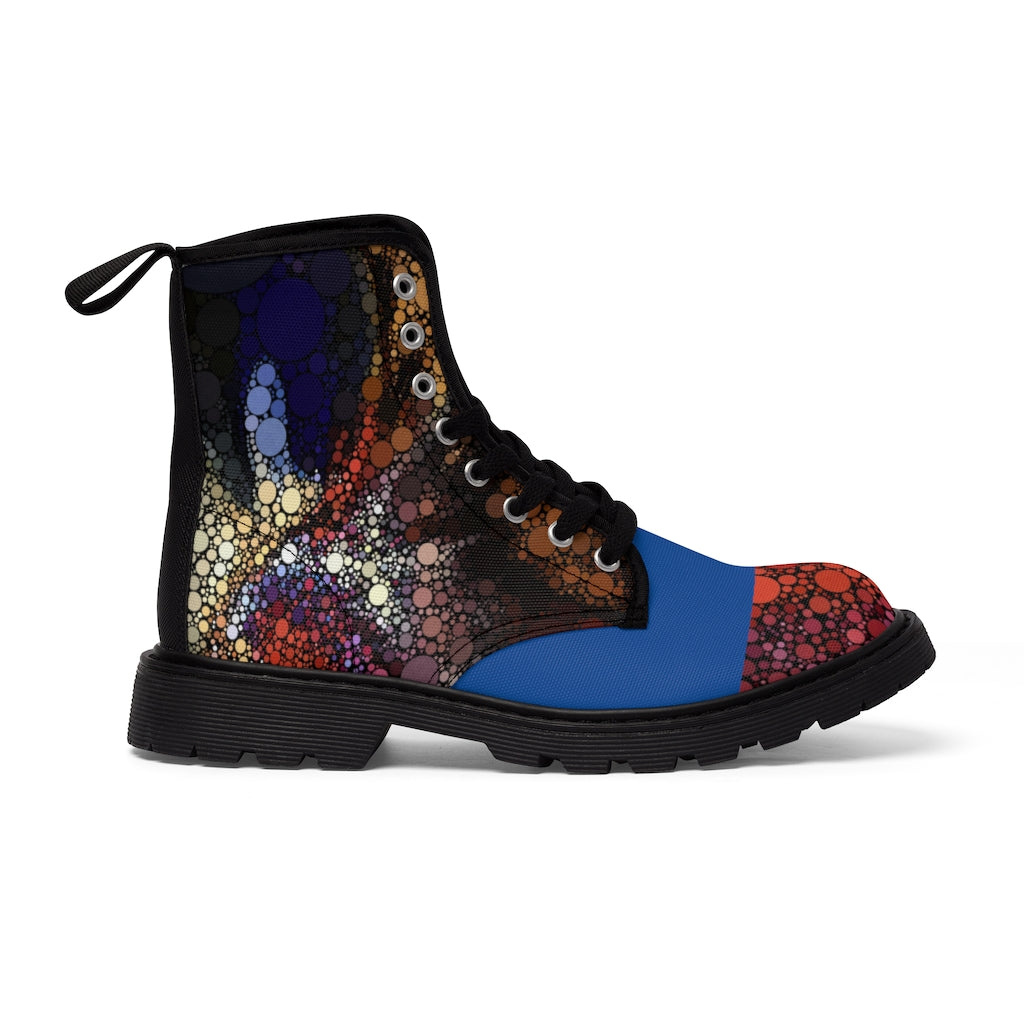 Festival boots with explosive dot pattern on toe tip and sides with striking bue mid body