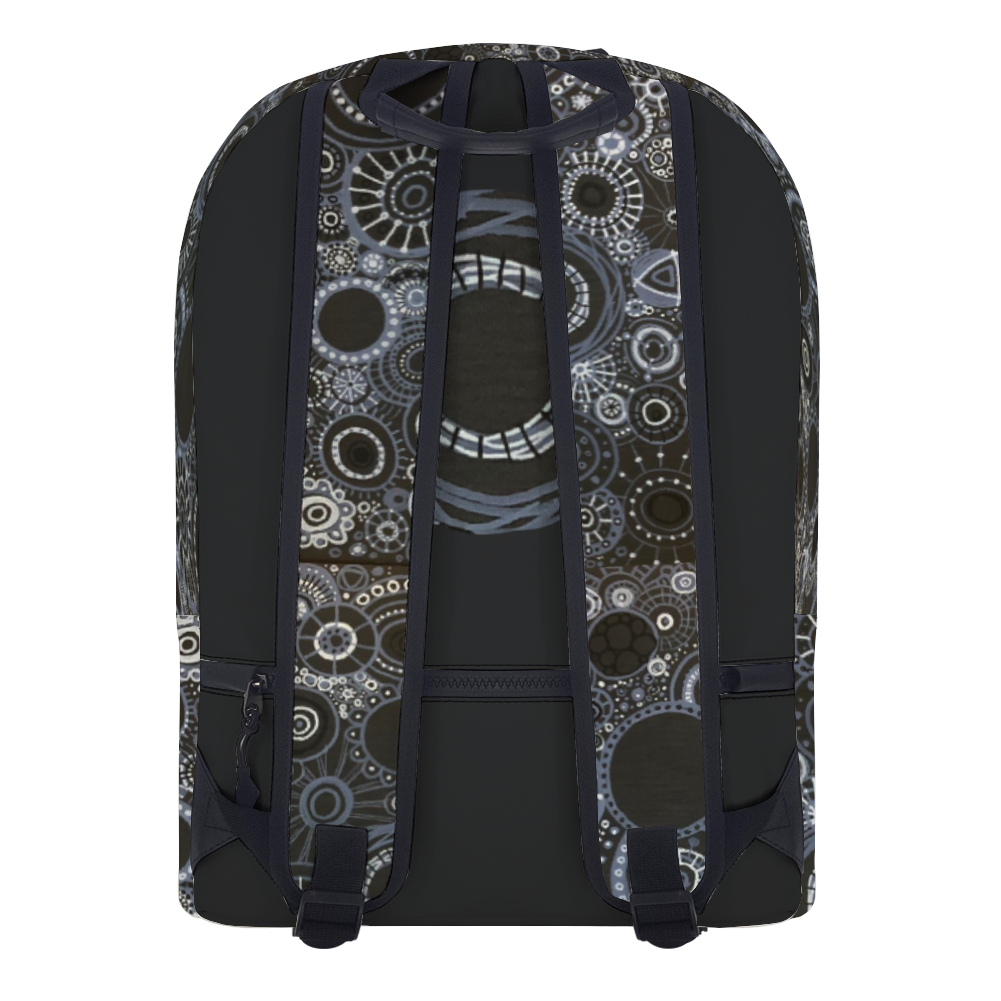 Back Sturdy backpack with many decorated panels with monotone design