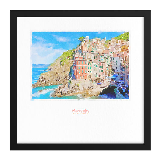 Framed print showing a view of cliffside village Manarola - large series 