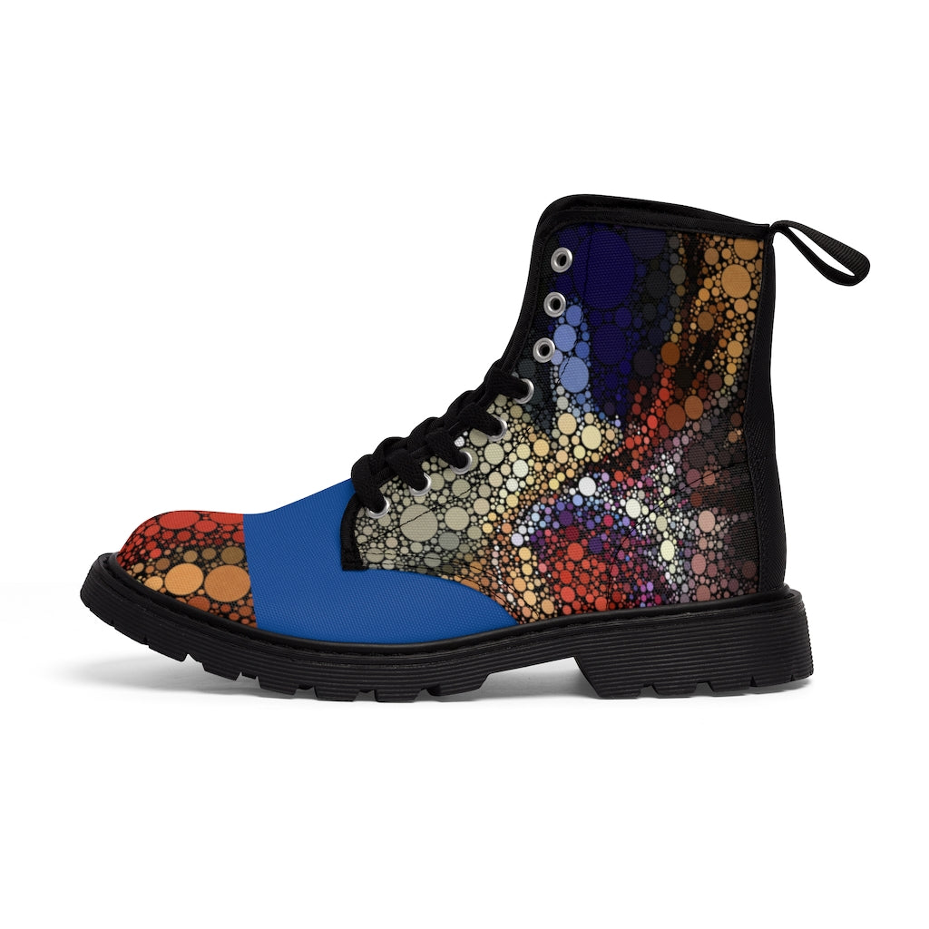 Festival boots with explosive dot pattern on toe tip and sides with striking bue mid body