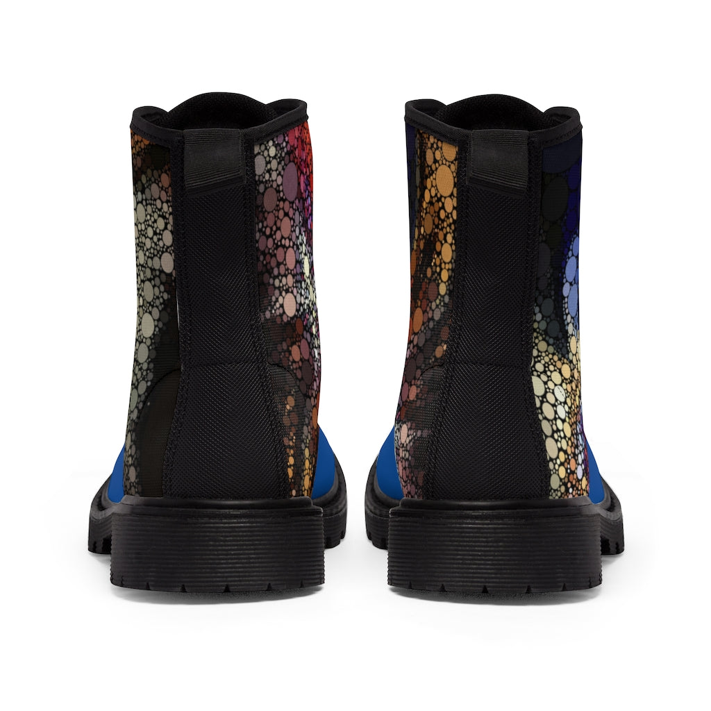 Back Festival boots with explosive dot pattern on toe tip and sides with striking bue mid body