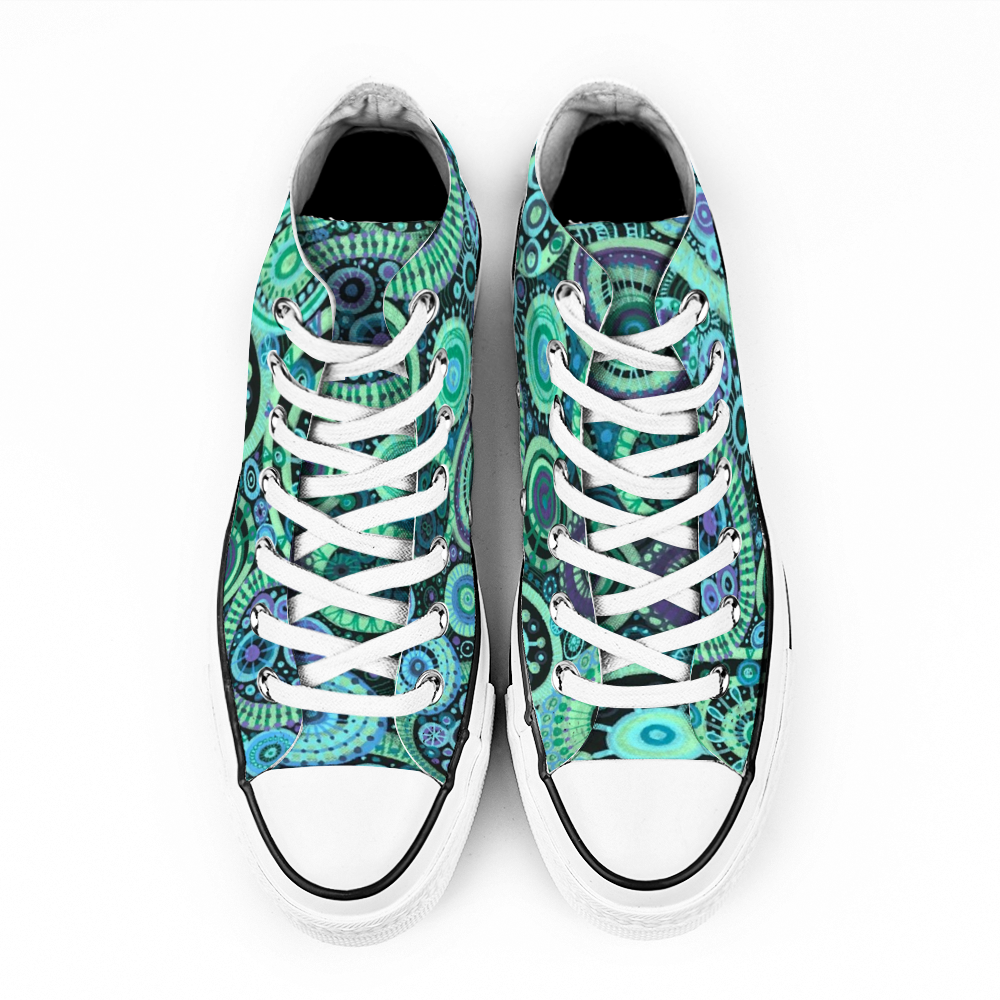 Gymboots Sneakers with intricate pattern of interlocked circles in a teal purple colour scheme