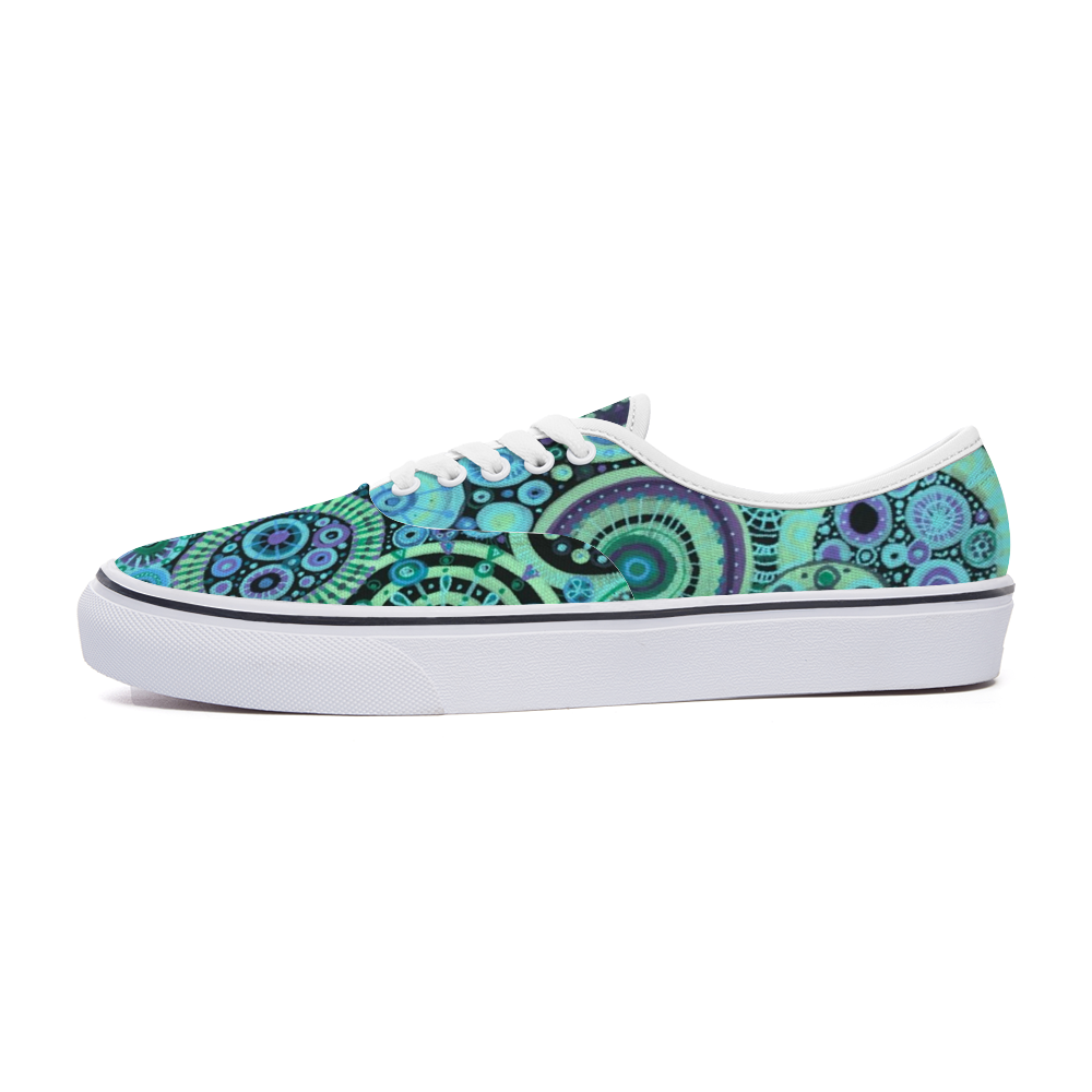 Sneakers with intricate pattern of interlocked circles in a teal purple colour scheme