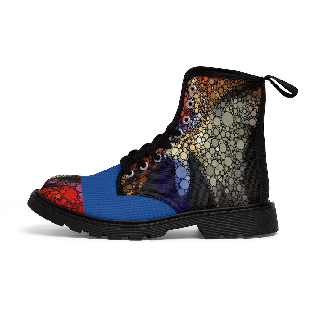 Festival boots with explosive dot pattern on toe tip and sides with striking bue mid body