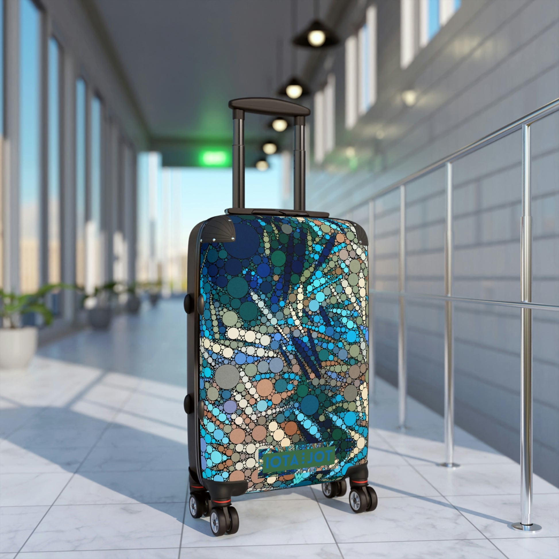 Airport scene Wheeled small suitcase / Carry on luggage withdesign based on Van Gogh palette.