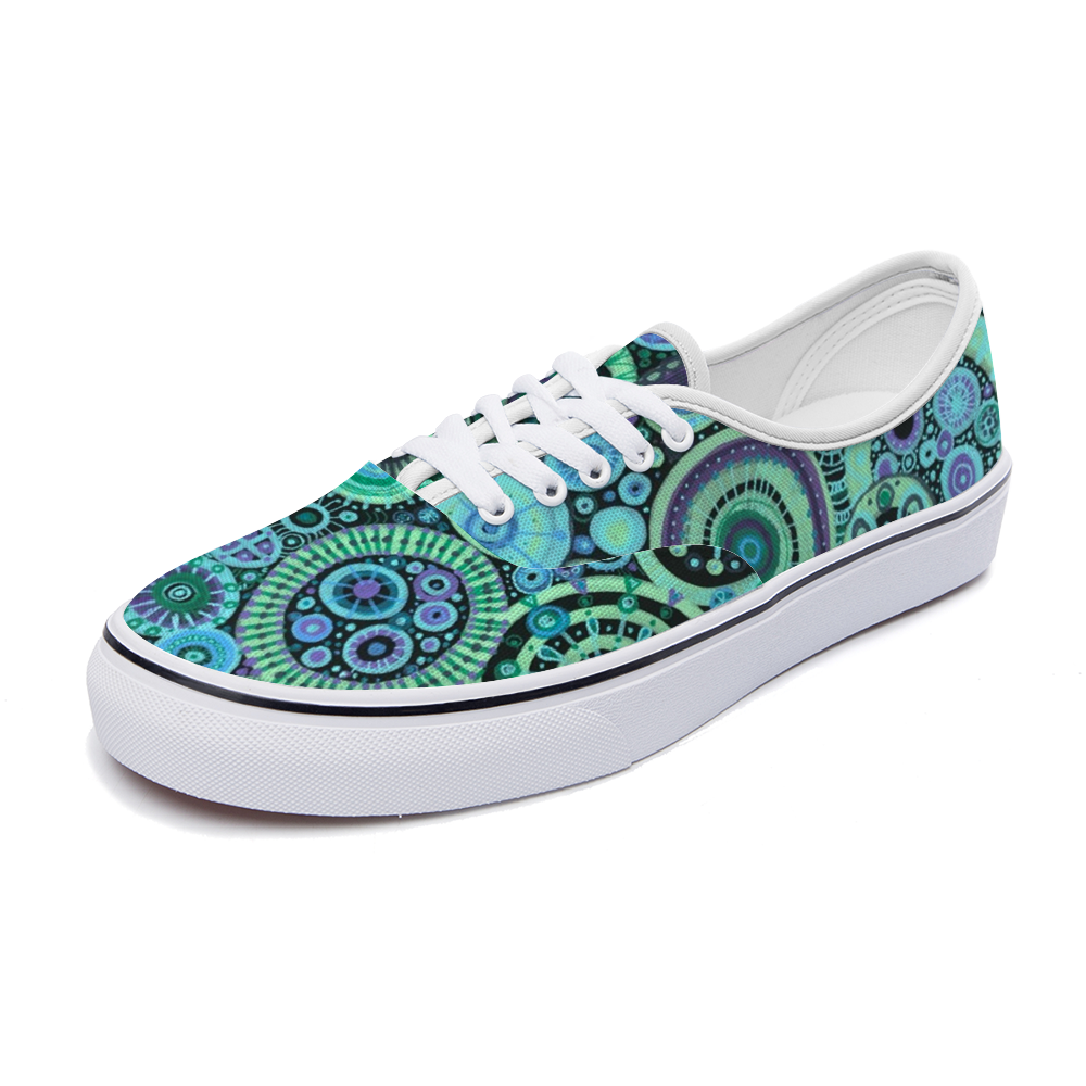 Sneakers with intricate pattern of interlocked circles in a teal purple colour scheme