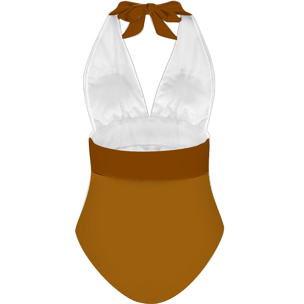 a brown and white swimsuit with a bow tie