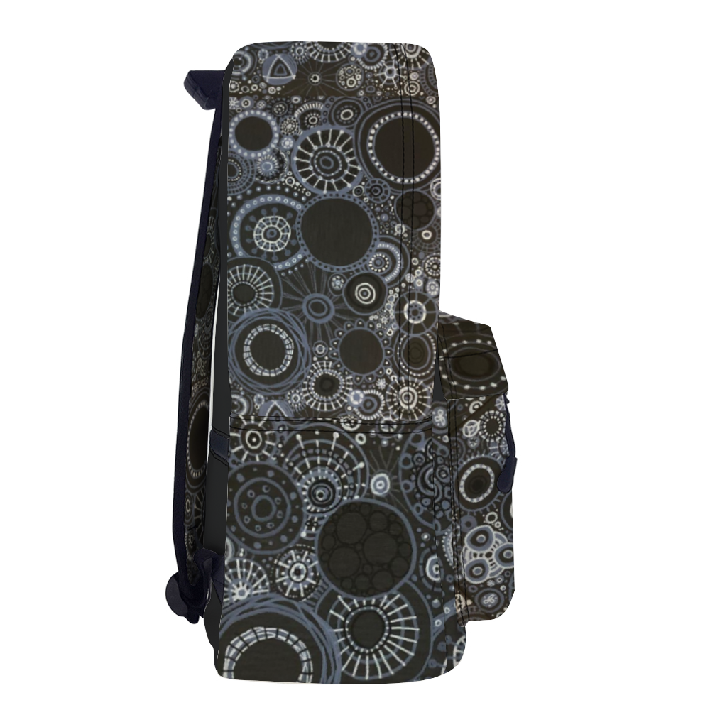 Side Sturdy backpack with many decorated panels with monotone design