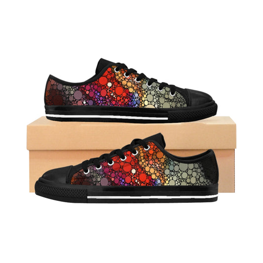 Low top shoe, black sole and tongue, with fiery spot patt0ern