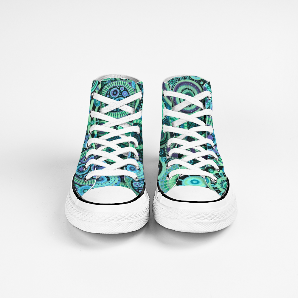 Gymboots Sneakers with intricate pattern of interlocked circles in a teal purple colour scheme