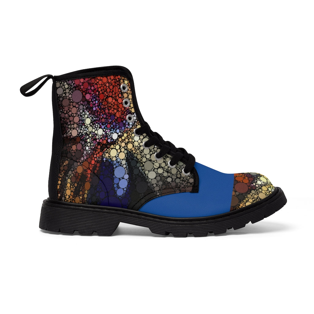 Festival boots with explosive dot pattern on toe tip and sides with striking bue mid body