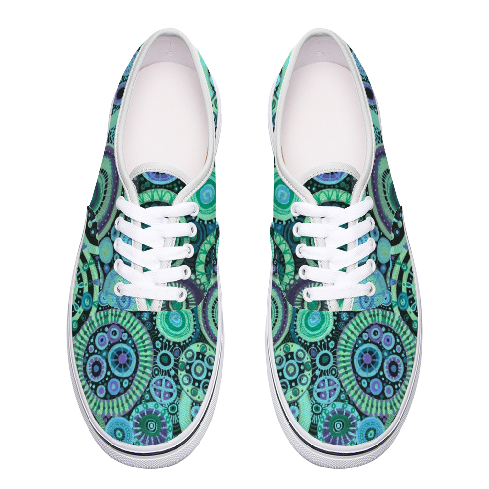 Top Sneakers with intricate pattern of interlocked circles in a teal purple colour scheme