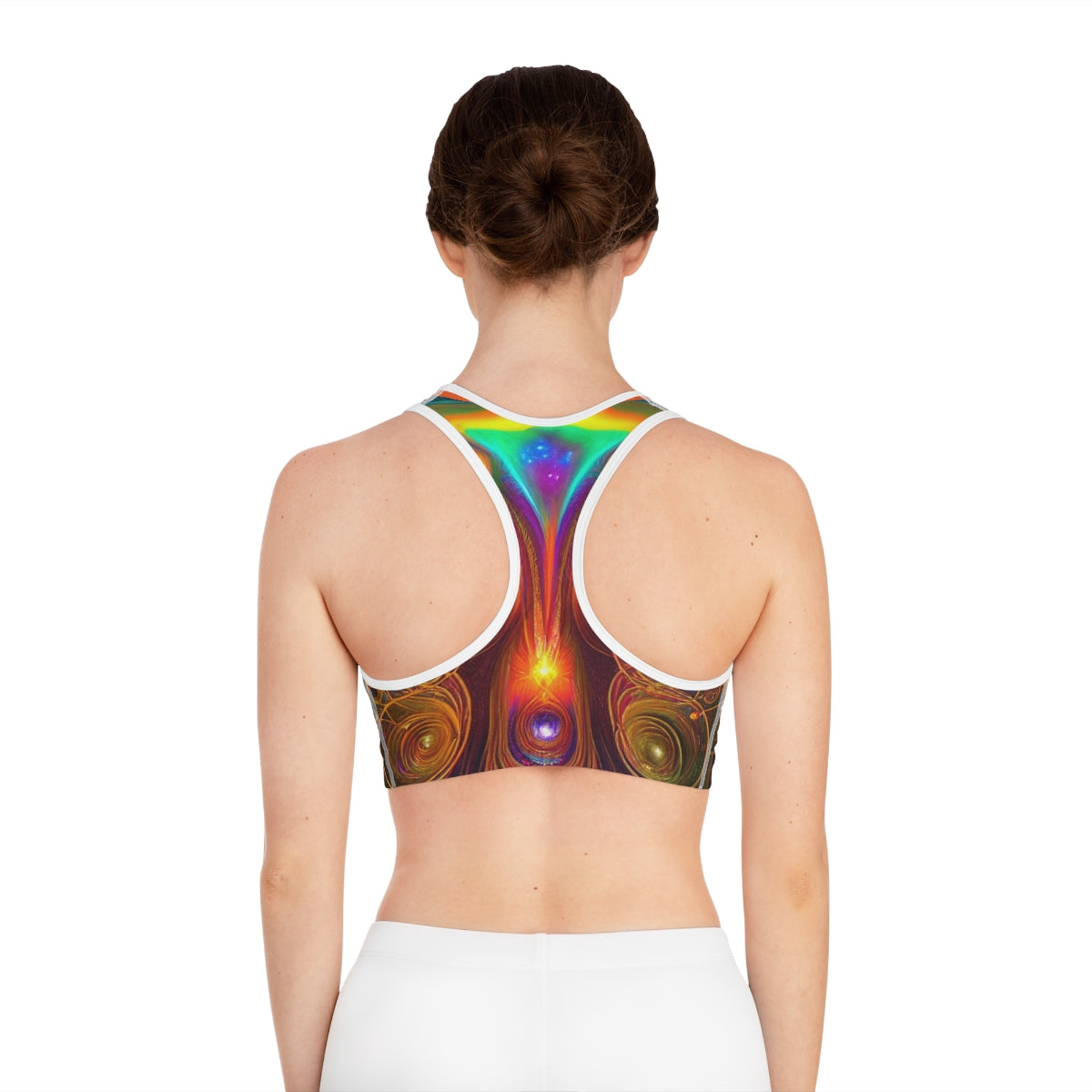 Cosmic psychodelic pattern on exercise bra on model back