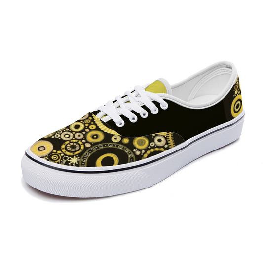 Sneakers with sunshine and bumblebee tones with a black back and yellow tongue