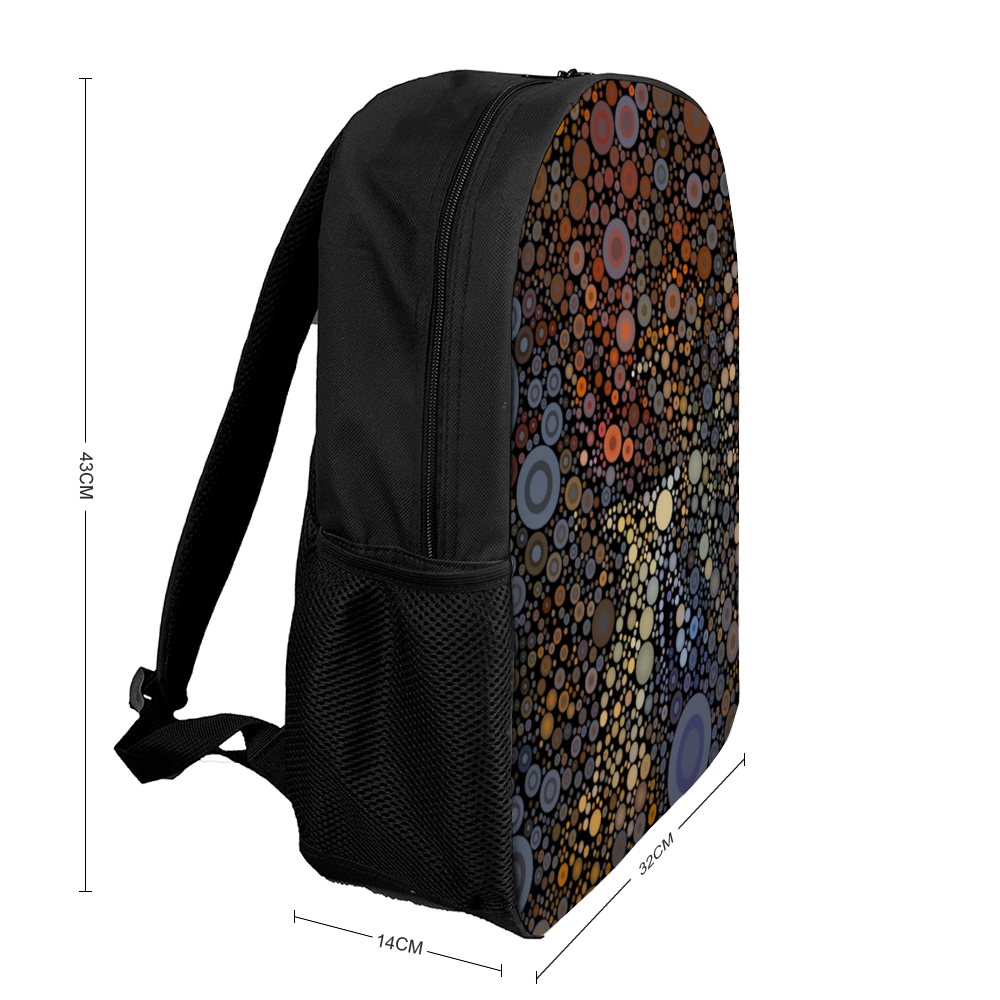 Dimensions Medium size backpack with wild pattern of dots across the facing panel