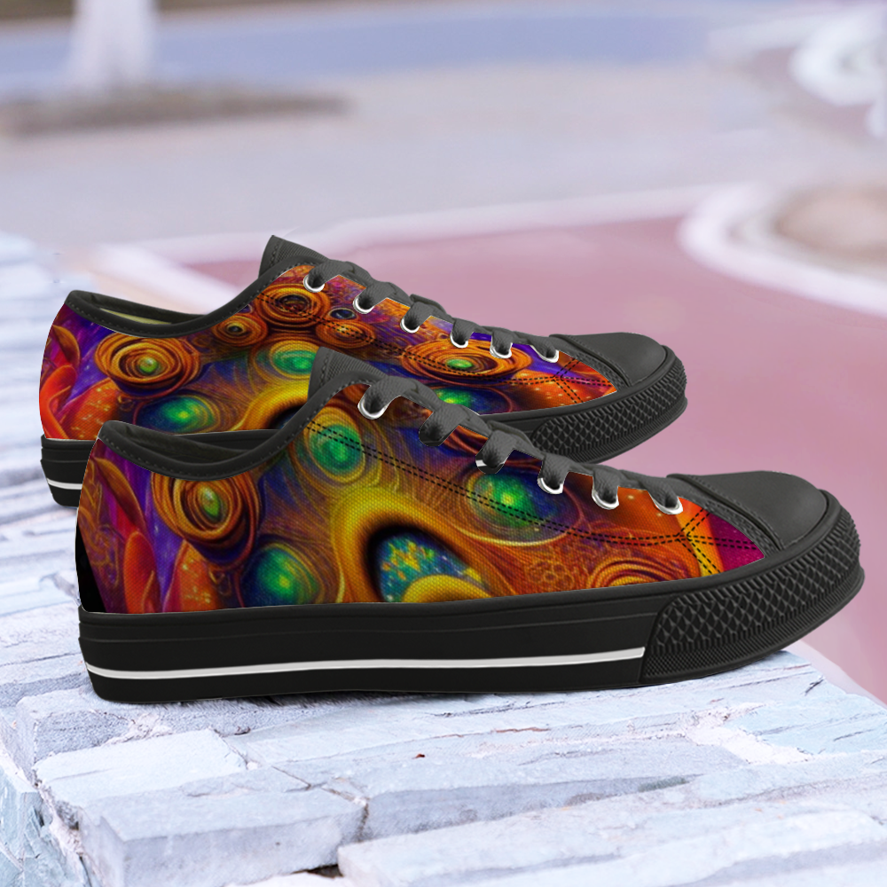 Pair Sneakers with black features and cosmic psychodelic design