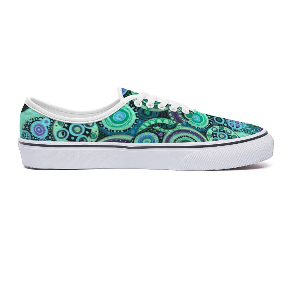 Sneakers with intricate pattern of interlocked circles in a teal purple colour scheme