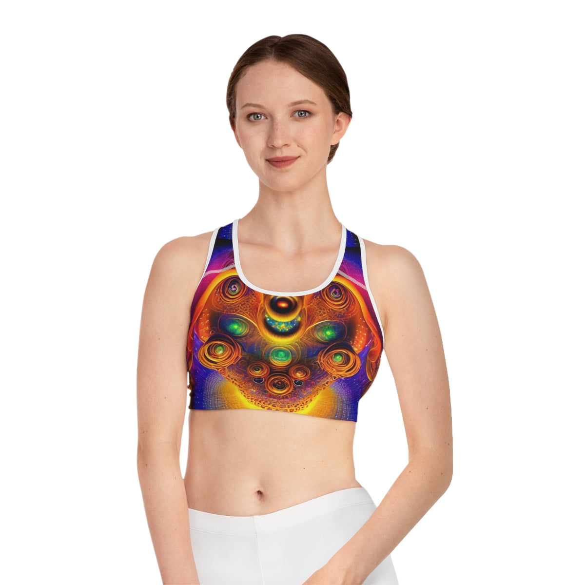 Cosmic psychodelic pattern on exercise bra on model